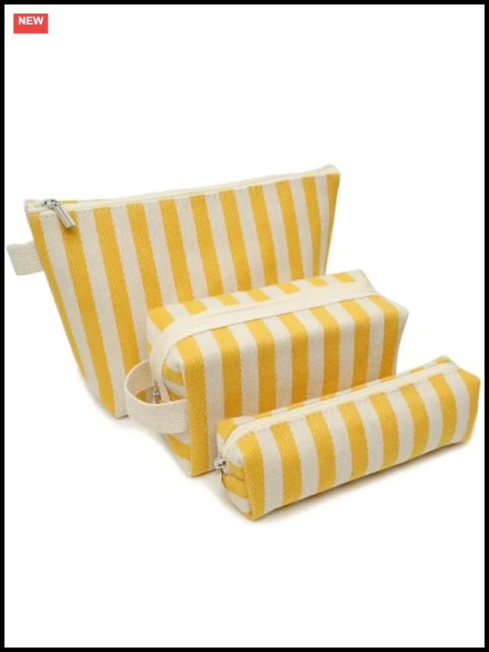 3-Piece Canvas Makeup Bag Set with Stripes and Waterproof Lining